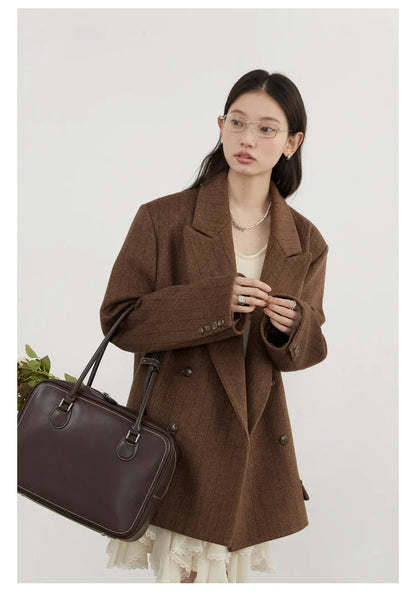 Women Woolen Blazer Loose Vintage V Neck Female Jacket Suit Double Breasted Office Ladies Coat Spring Autumn 2025