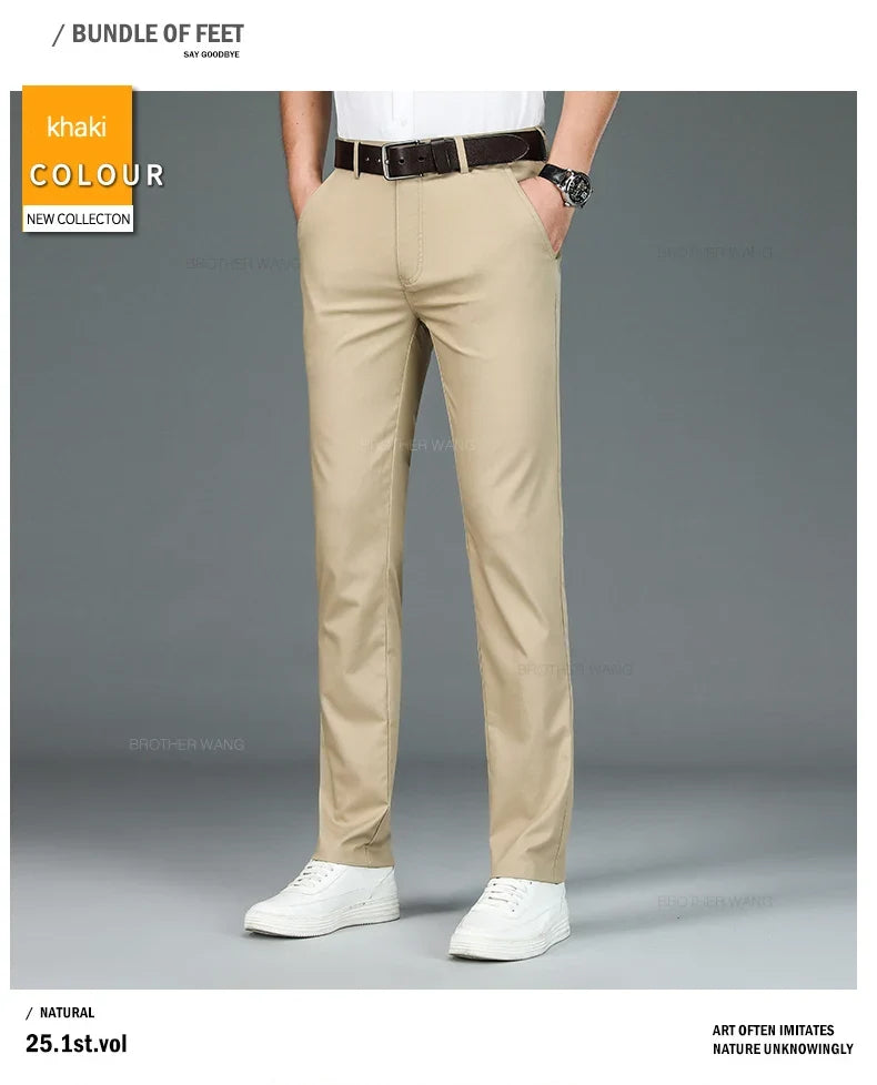 Bamboo Fiber Fabric Men's Casual Pants Summer New Ultra-thin Elastic Soft Straight Business Trousers Classic Black Khaki Gray