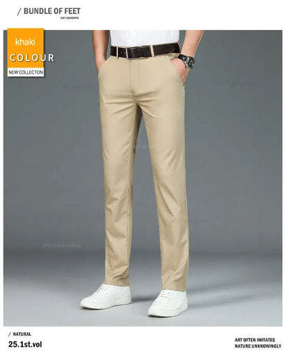 Bamboo Fiber Fabric Men's Casual Pants Summer New Ultra-thin Elastic Soft Straight Business Trousers Classic Black Khaki Gray