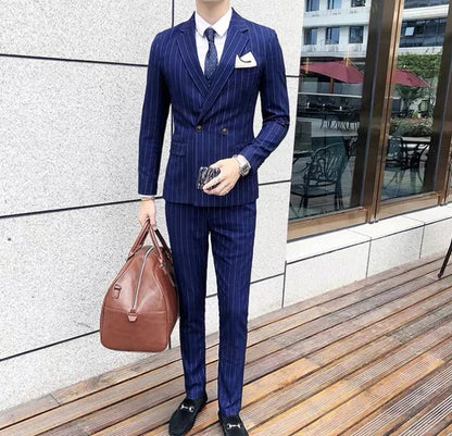 Blue Men Classic Striped/Checked Suits, Asian Size Slim Fit Business Office 3-Piece Sets, Black/Gray and Red Available.