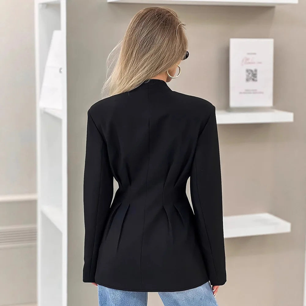 Elegant V-neck Tunics Black Suit 2026 Spring Women's Long Sleeve Single Breasted Slim Blazers Ruched Outerwear Streetwear