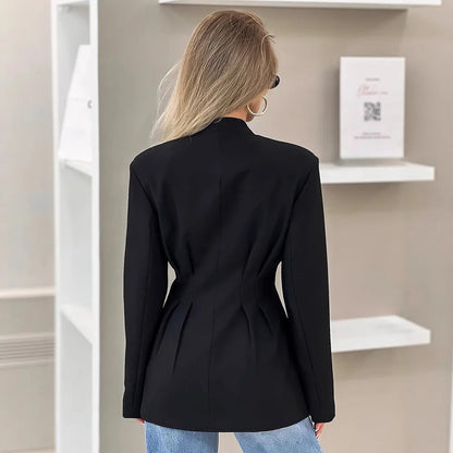 Elegant V-neck Tunics Black Suit 2026 Spring Women's Long Sleeve Single Breasted Slim Blazers Ruched Outerwear Streetwear