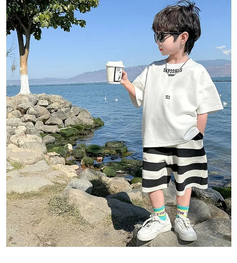 Summer Boys Cotton Leisure White T-Shirt Tops+Contrast Stripes Shorts Pant Set School Kids 2PCS Tracksuit Children Outfit 3-14Yr