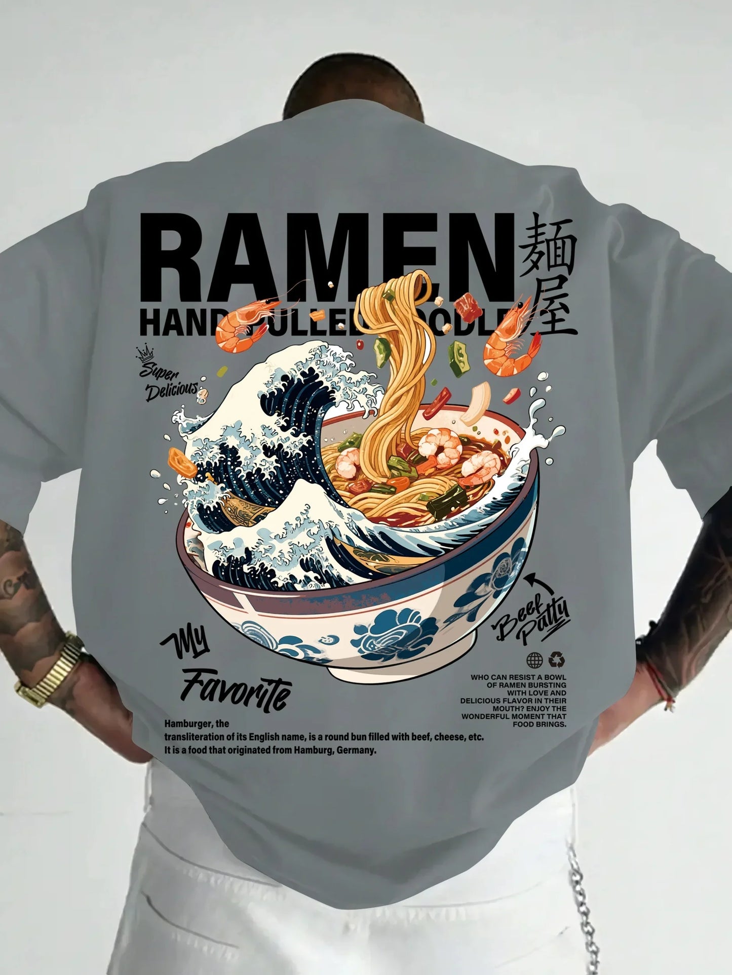 Men New Summer Casual Street Style T-shirt Japanese Waves Ramen Pattern Suitable for Daily Wear 100% Pure Cotton Soft Material