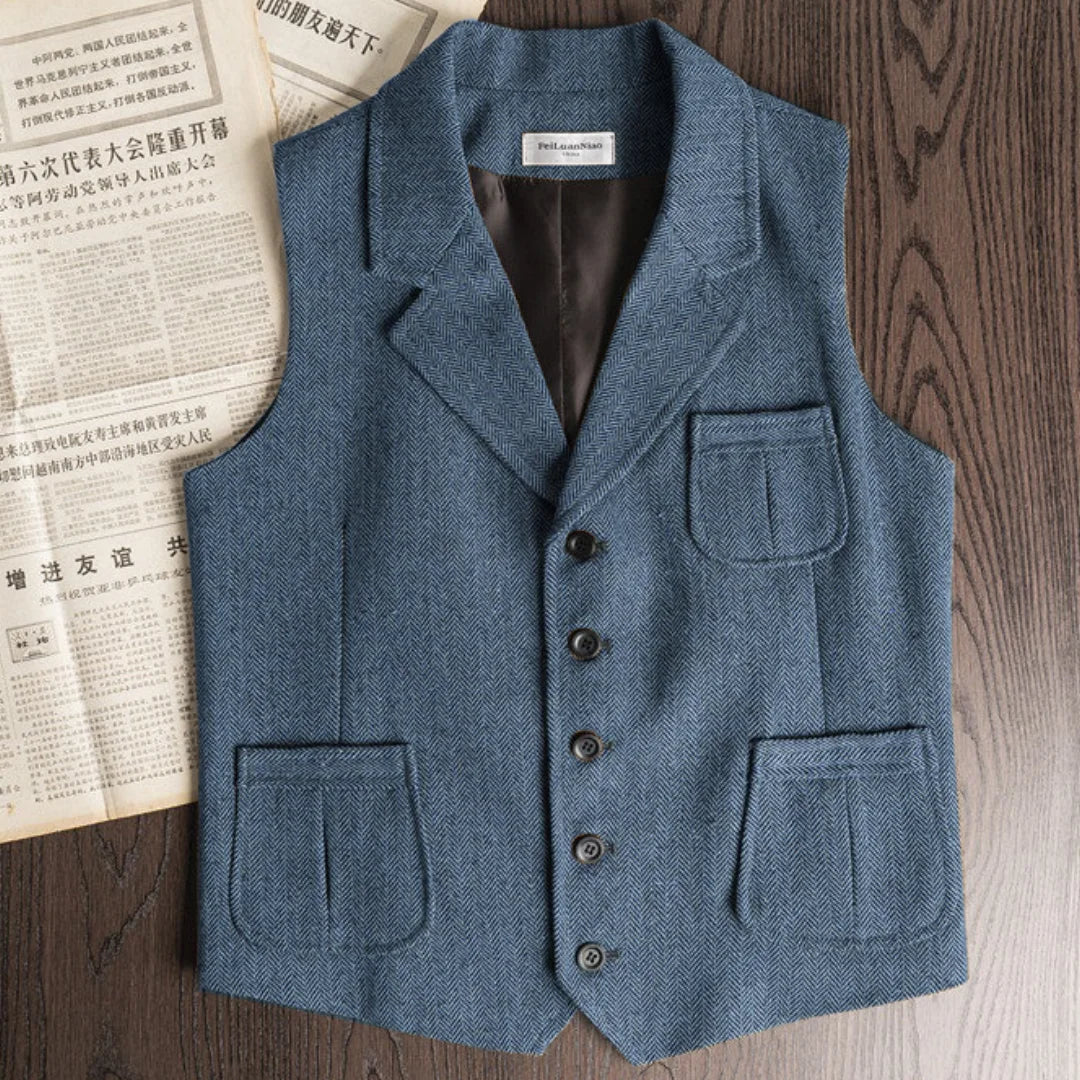 Men Vest Brown Herringbone Single Button With Lapel And Pocket Waistcoat For Wedding Banquet Business Casual Work Men Suit Vest
