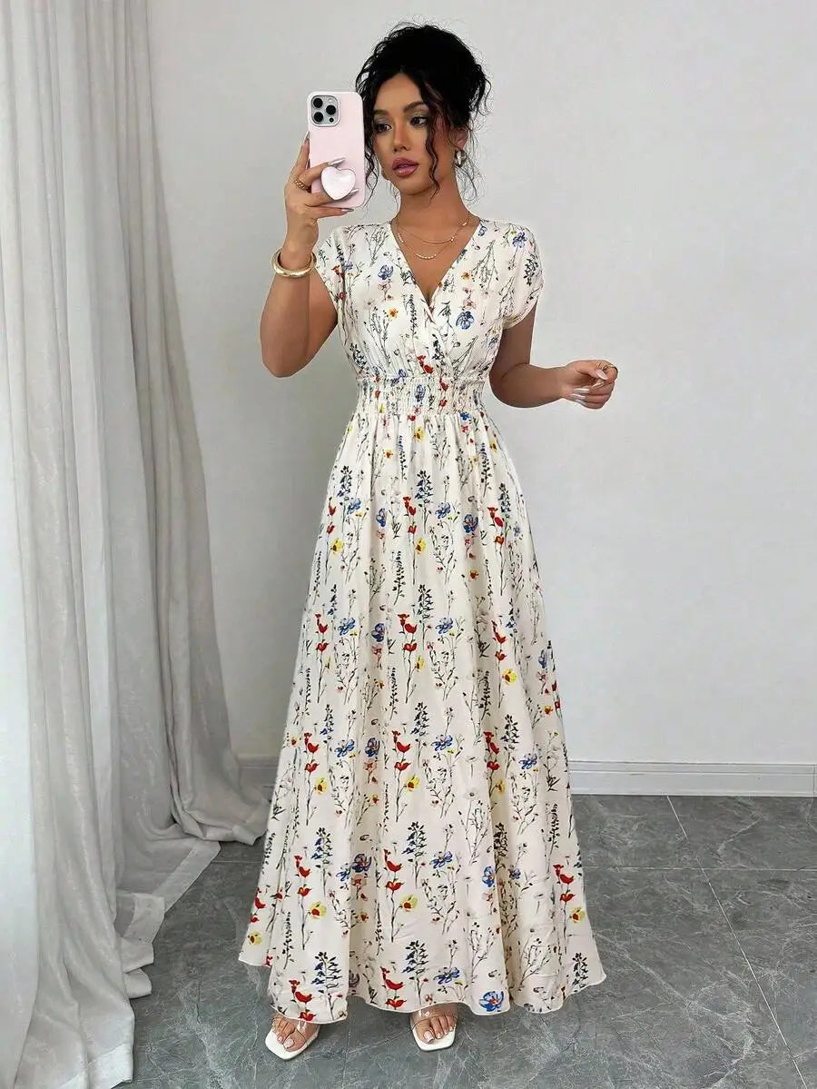 Women's Ditsy Floral V-Neck Sleeveless Waisted Maxi Dress