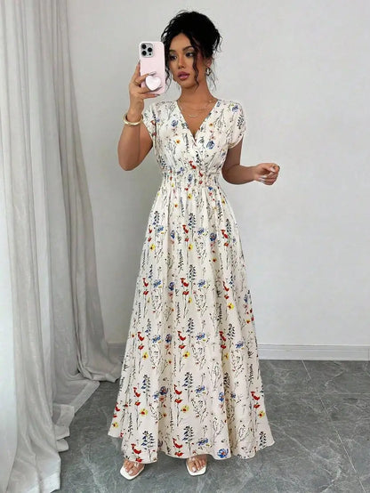 Women's Ditsy Floral V-Neck Sleeveless Waisted Maxi Dress