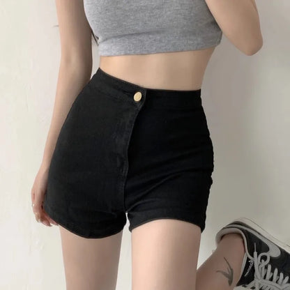 2024 New Motorcycle shorts Summer Women High Waist Button Wigh Leg Jeans Shorts Casual Female Loose Blue Denim Shorts Black