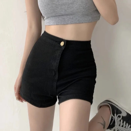 2024 New Motorcycle shorts Summer Women High Waist Button Wigh Leg Jeans Shorts Casual Female Loose Blue Denim Shorts Black