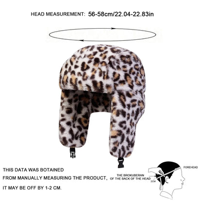 Unisex Plush Leopard Print Lei Feng Hat Winter Earflap Hat Keep Warm Ski Hat Bomber Hat for Outdoor Riding Snow Activities
