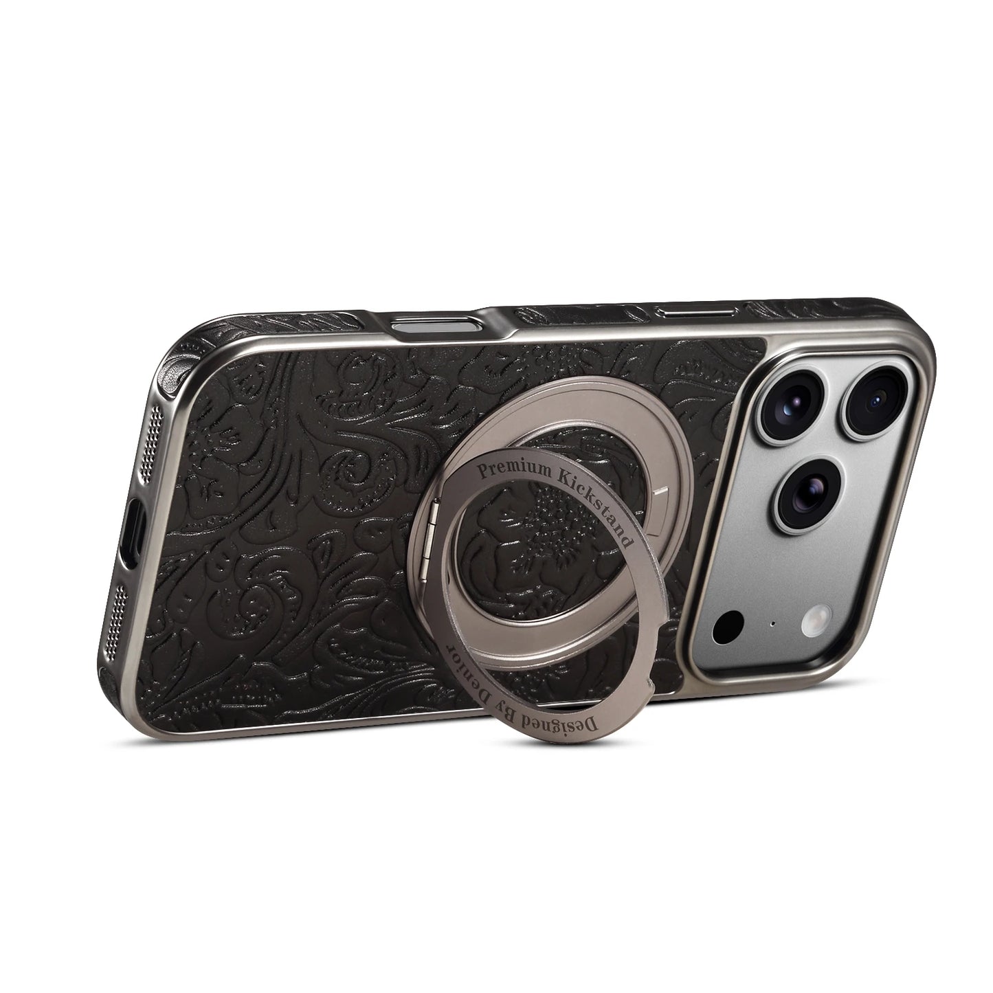 Denior is suitable for iPhone 17/16/15/14/13 Air Pro Max retro printed genuine leather 360 ° rotating bracket phone case