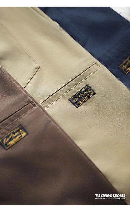 Men's 718 Summer Casual Shorts Japanese Style Solid Color Loose Fit Straight Leg Zipper Fly Commuter Workwear Pants