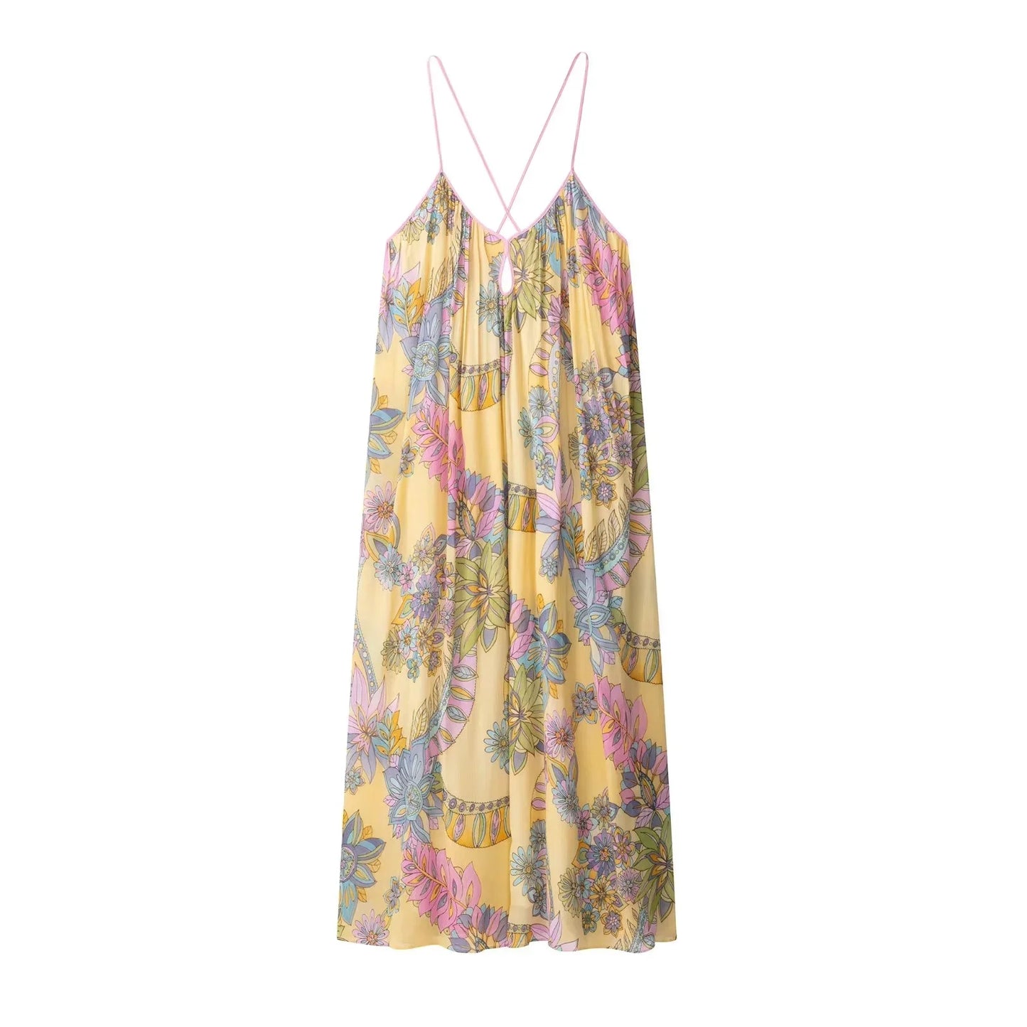 Sexy Floral Print Chiffon Print Loose Dress Women Cami Loose Beach Dress Fashion 2025 Summer Backless Female Dress