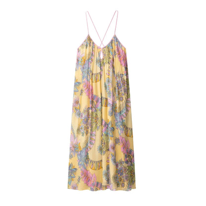 Sexy Floral Print Chiffon Print Loose Dress Women Cami Loose Beach Dress Fashion 2025 Summer Backless Female Dress