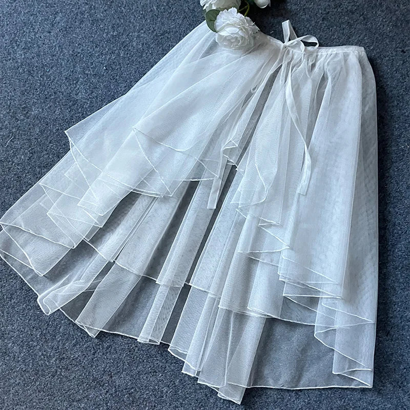 Sweet Lolita Asymmetrical Sheer Mesh Cover Up Curtain OP JSK Skirt Women Japanese Kawaii Elegant Double Layered Party Skirts