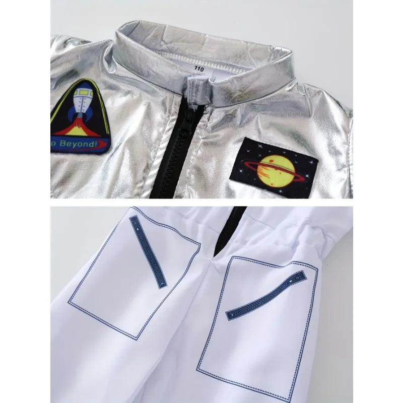 Boy's Cartoon Astronaut Cosplay Costume, Halloween Dress Up One-piece Jumpsuit & Hat, Kid's Dress Up Outfit For Carnival Party