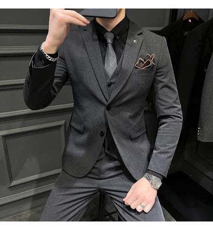 ( Blazer + Vest + Pants ) Boutique Fashion Solid Color Men's Slim Casual Business Suit Three-piece Set Groom Wedding Dress Party