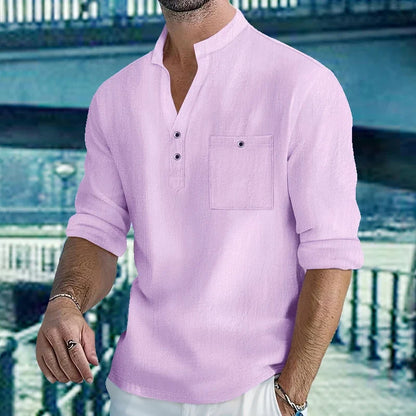 Men Mandarin Collar Long Sleeve Henley Cotton Linen Shirt With Chest Pocket Breathable Lightweight Beach Travel Daily Casual Top