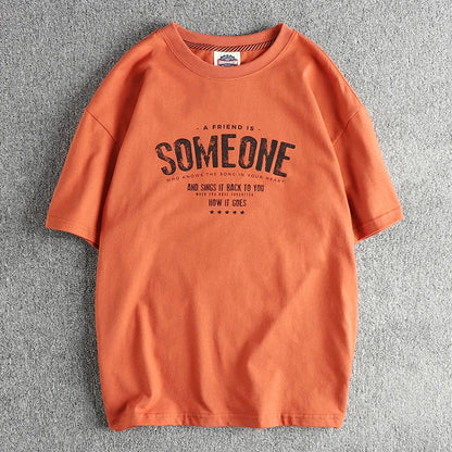 5110# Summer New American Retro Short Sleeve O-neck Letter Printed T-shirt Men's Simple 100% Cotton Old Washed Loose Casual Tops