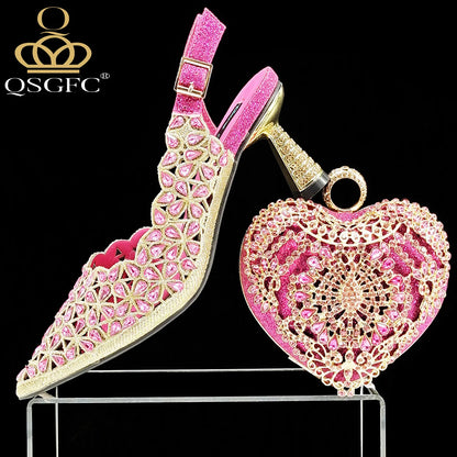 New Shoes and Bags Matching Set Nigerian Women Heel Party for Women Fuchsia Colour Italian Design Wedding INS Design