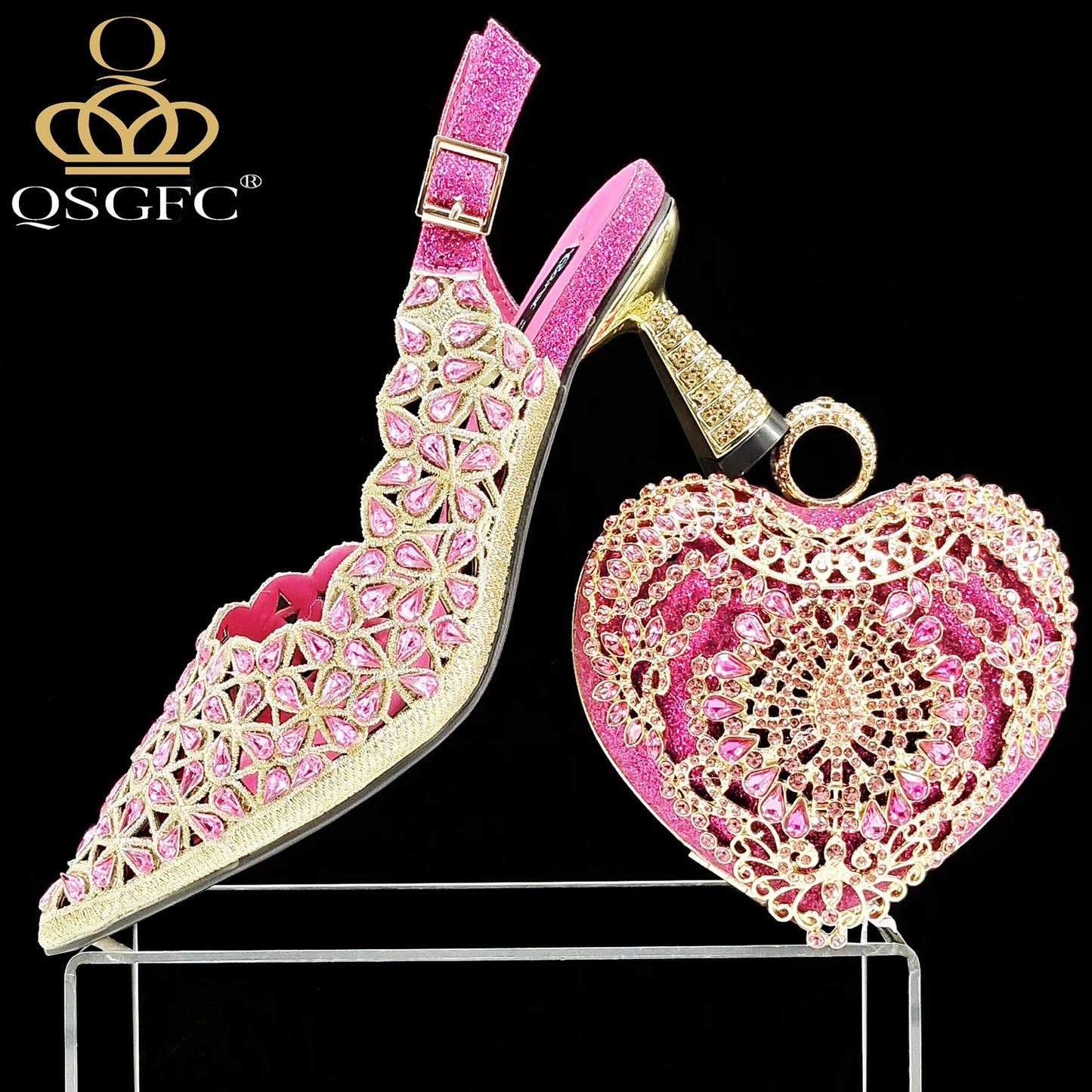 Italian Design Rhinestone-encrusted Sex Ladies Shoes And Special Bag High Heels And Heart Shape Gold Mini Bag