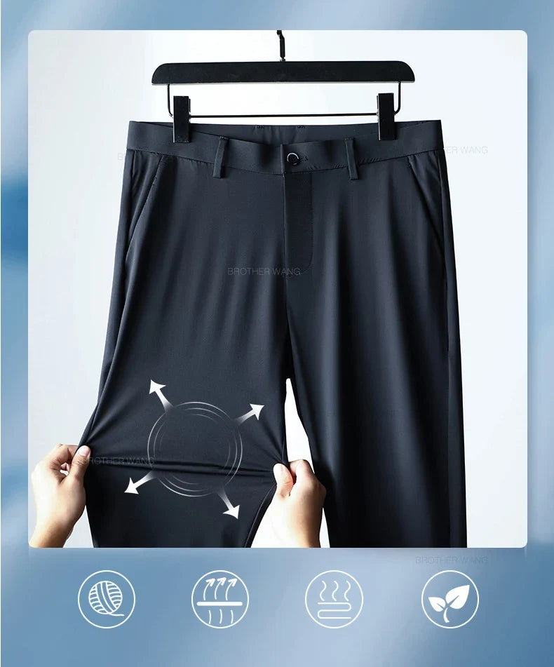 Ultra-thin Ice Silk Cool Men's  Casual Pants Summer New High Elasticity Quick-drying Drape Business Straight Trousers Black Gray