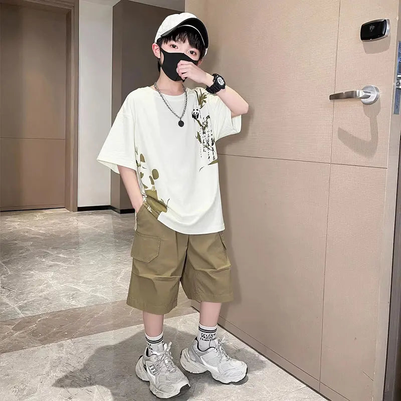 Chinese Style Kids Boy Summer Suit Twopiece Outfit Set With Panda Print T-shirt And Shorts Clothing Set for Children Streetwear