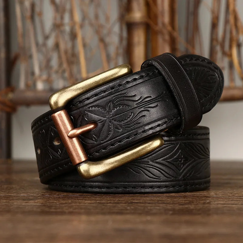 3.8CM Pure Cowhide Genuine Leather Retro Fashion Personality Embossed Belts for Men Luxury Brand Design Male Copper Buckle Belts