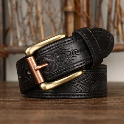 3.8CM Pure Cowhide Genuine Leather Retro Fashion Personality Embossed Belts for Men Luxury Brand Design Male Copper Buckle Belts