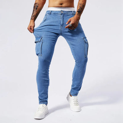 Slim Fit Large Pocket Jeans Cargo Pants for Men Fashionable Casual Hip Hop Stretch Denim Long Pants Male Streetwear Track Pants