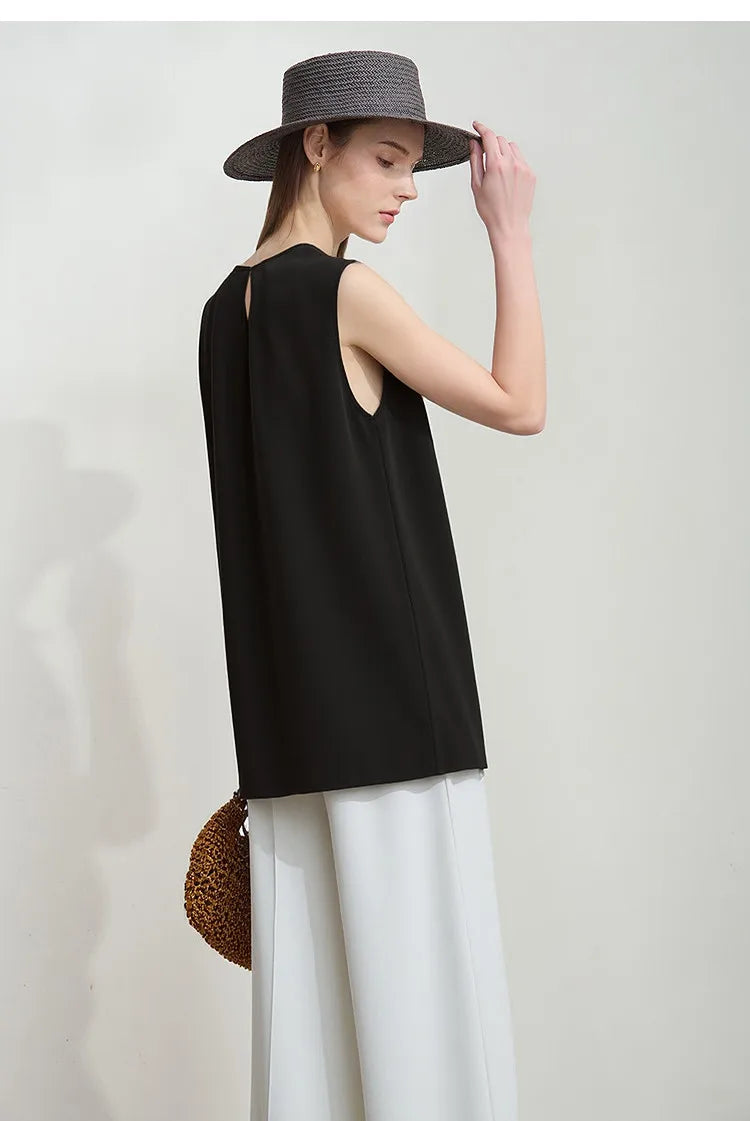 Sleeveless Women's Blouse 2026 Summer O-Neck Asymmetric Chiffon Top For Women Elegant Pleated Office Flowy Shirt 12642060
