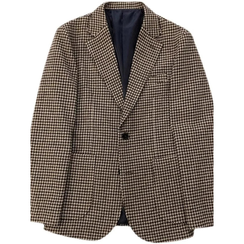 Autumn and Winter Casual Men's Retro Tweed Houndstooth Suit Men's Plus Size Outwear British Gentleman Wool Suit Trendy