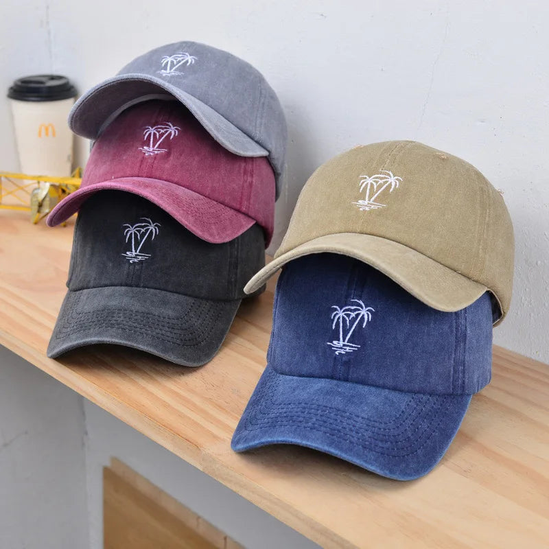 New Unisex Washed Cotton Cap Coconut Tree Embroidery Vintage Baseball Cap Men Women Casual Outdoor Dad Hats
