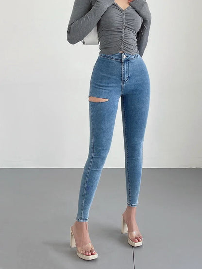 American Spicy Girls Sexy Hole Jeans Slim High Waist Elastic Feet Pencil Pants Trousers Fashion Women BOF8