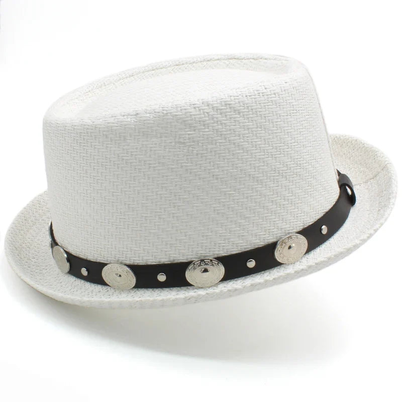 Men Women Straw Pork Pie Hats Summer Sunhat Boater Caps Sailor Sombrero Beach Fedora Trilby Outdoor Travel US Size 7 1/4 UK L
