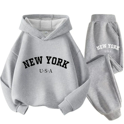 Children Hoodie Set Autumn Winter New York USA Letter Graphic Sweatshirt Pant Suit Baby Boy Girl Kid Sport Two Pieces Tracksuit