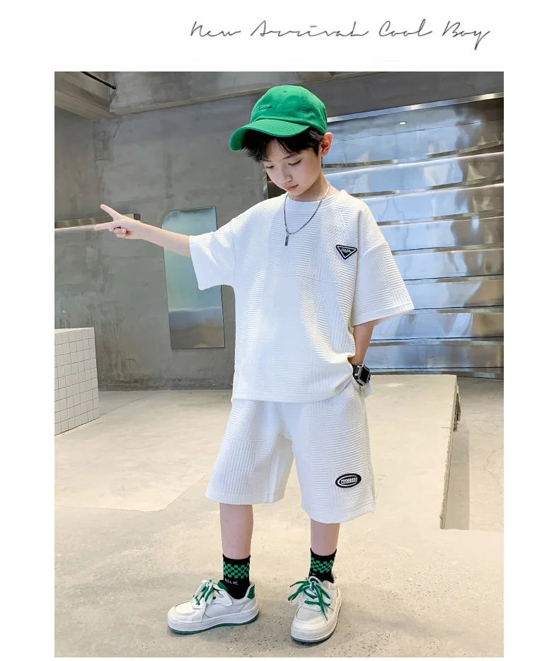 Summer Casual Boys Jacquard Loose T-Shirt Tops+Shorts Pant School Kids 2PCS Tracksuit Child Outfits Student Workout Set 3-14 Yr