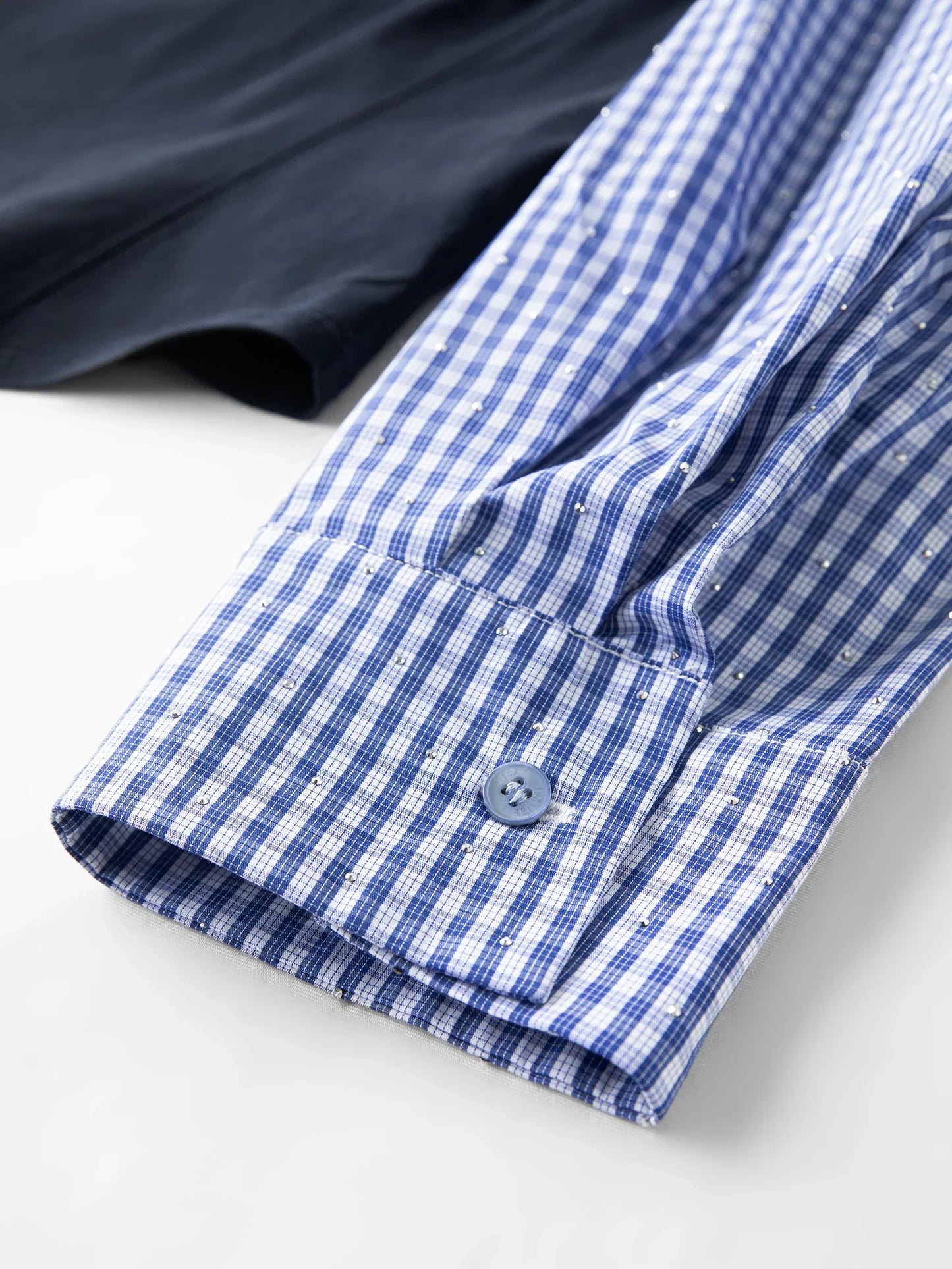 2026 Spring Women's Off-Shoulder Blue Gingham Blouse - Elegant Ruffled Lapel Long Sleeve Top for Office Commute