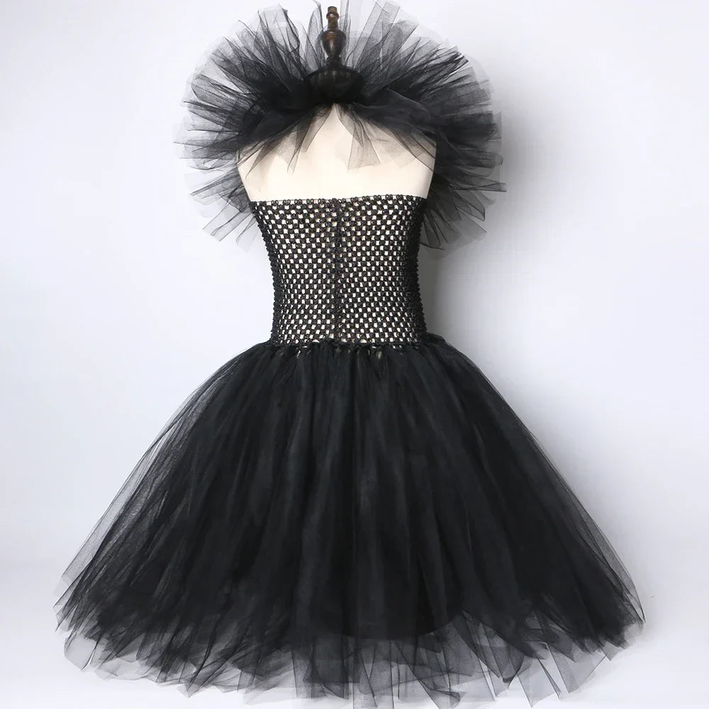 Girls Black Evil Queen Maleficent Tutu Dress Horns Wings Dark Witch Cosplay Carnival Halloween Costume for Kids Fancy Clothes