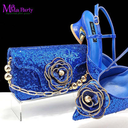 2024 Summer New Design Specials Italian Women Shoes and Bag Set in Gold Color Comfortable Heels with Appliques for Party