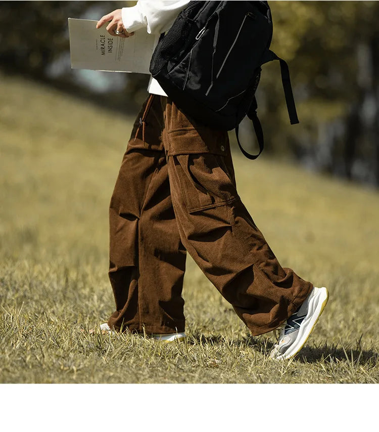 2025 autumn and winter new retro brown corduroy multi pocket workwear pants for men, loose drawstring elastic waist pants