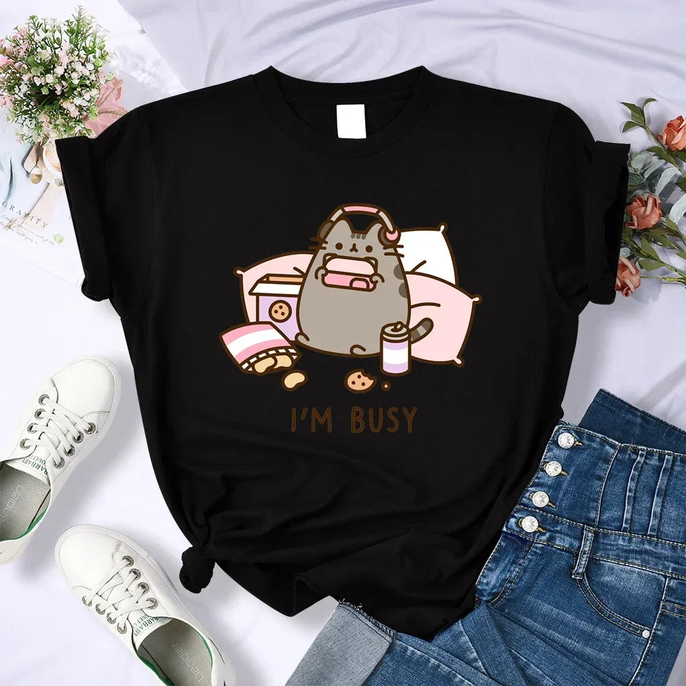 Sorry I'm Busy Cat Playing Games with Headphones T Shirt Female New T-shirts New Street Tops Summer Sleeved Harajuku Streetwear