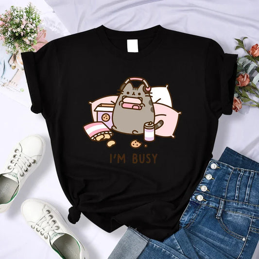 Sorry I'm Busy Cat Playing Games with Headphones T Shirt Female New T-shirts New Street Tops Summer Sleeved Harajuku Streetwear