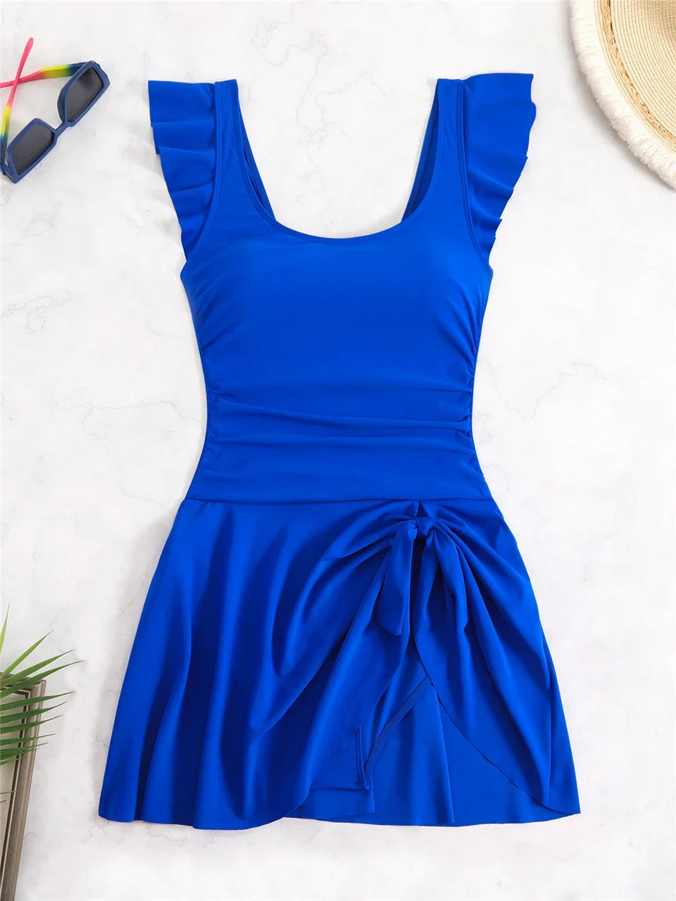 2026 Ruffle Sleeve One Piece U Neck Swimsuit Women Solid Beach Dress Swimwear Female Bathers Swimming Bathing Bodysuit Summer