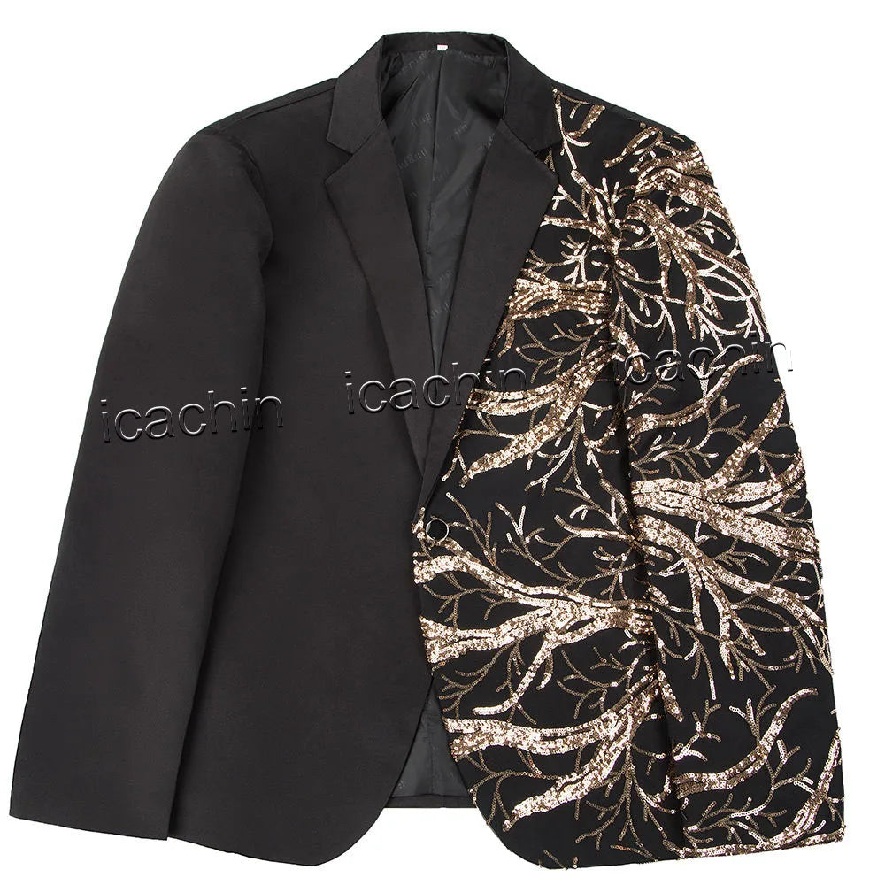 Men Sequin Jacket Glitter Tuxedo Paillette Champagne Sequined Blazer Black and Gold Jacket Performer Outfit Stage Jacket