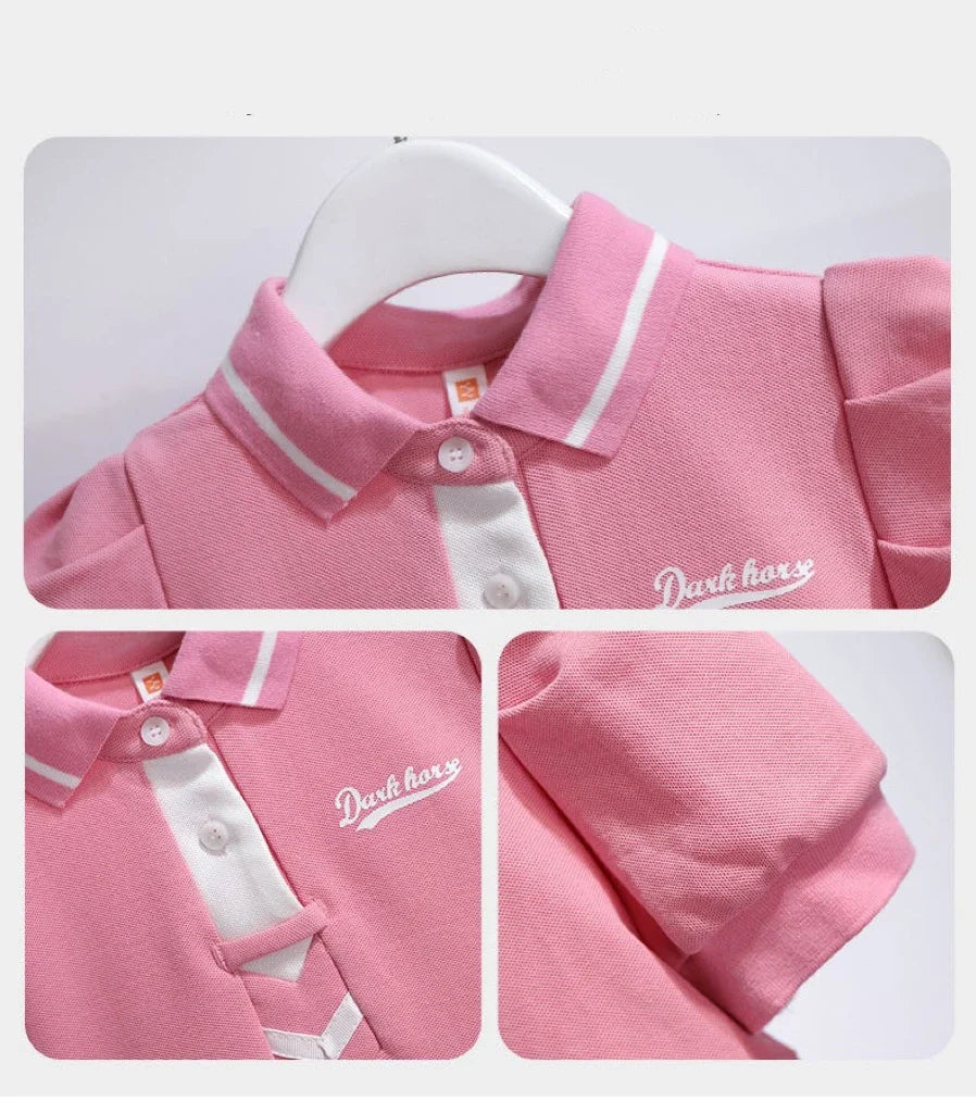 1pcs Summer Children's Dress Girl's Korean Edition Bubble Sleeves Flip Collar Dress Kids Princess Dress Baby Sweet Pleated Skirt