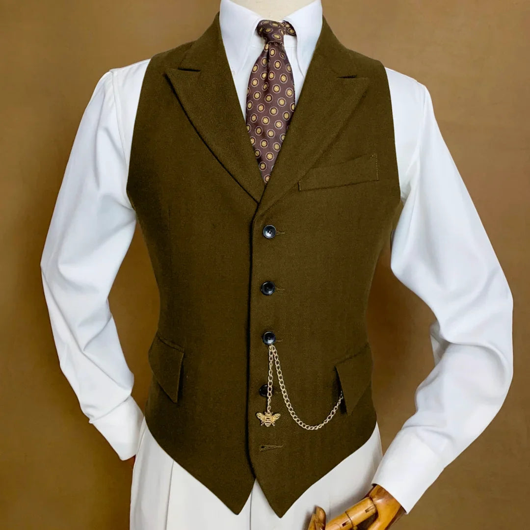 Men Vest Mossy Green Herringbone With Lapel Single Button Waistcoat For Wedding Party Business Work Daily Casual Men Suit Vest
