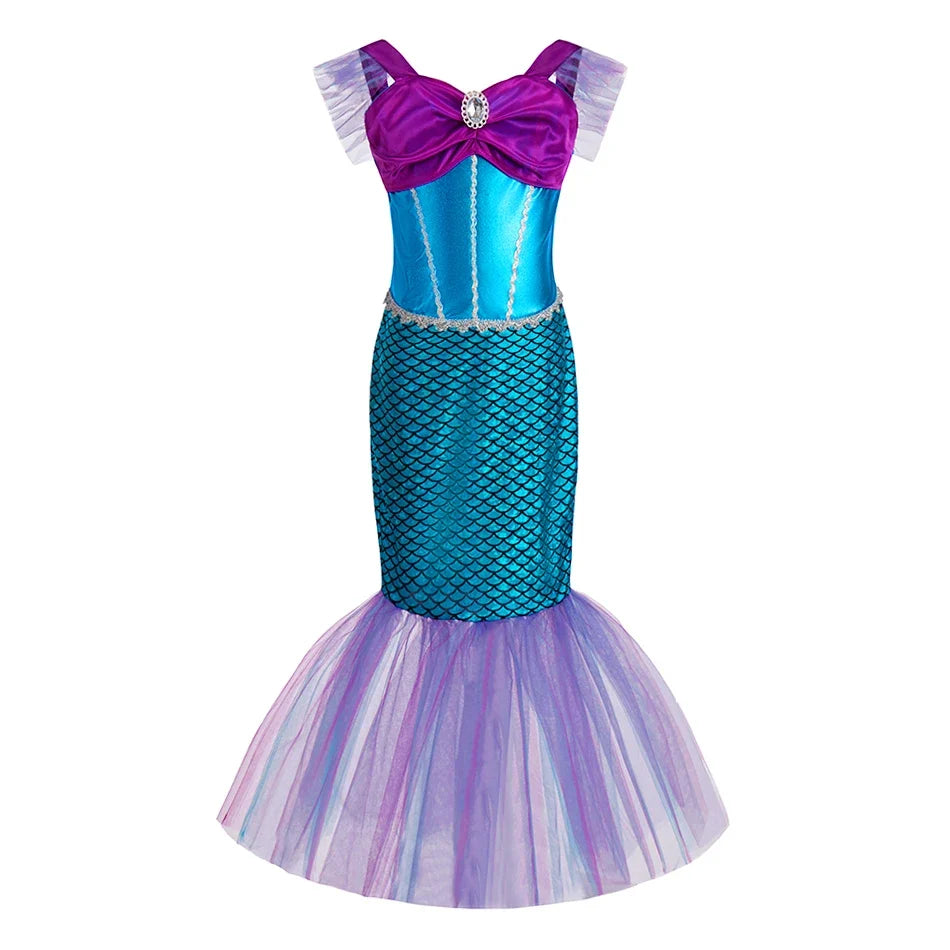 Little Girls Summer Clothing Children Ariel Mermaid Cosplay Blue Green Pink Sunshine Beach Enjoy Vacation Princess Ruffles Dress