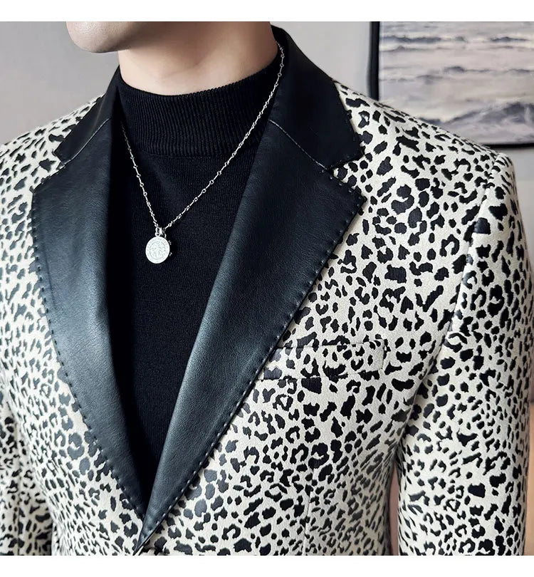 Splicing Leather Neck Casual Suit Jacket Fashion Leopard Men's Business Slim Fit Social Formal Blazers Wedding Groom Tuxedos