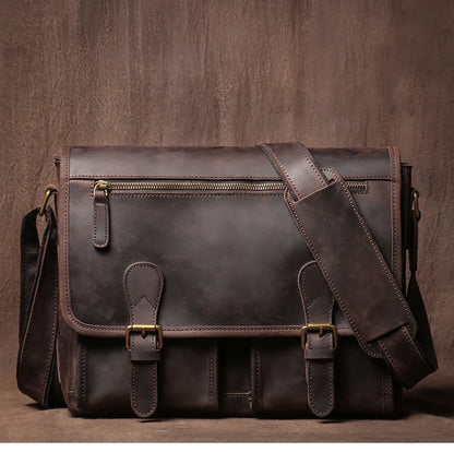 Vintage Crazy Horse Leather Messenger Bag Men's Genuine Luxury Sling Shoulder Bag Office Briefcase Crossbody 12.9 Inch Ipad